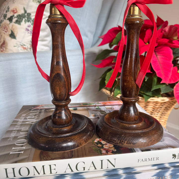 Pair of Antique English Oak and Brass Candlesticks