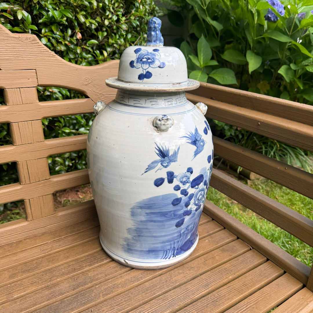 Large Classic Blue and White Floral and Bird Temple Jar