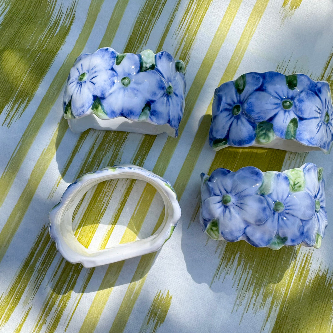 Set of Four Vintage Blue Hydrangea Napkin Ring Holders