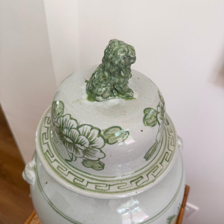 Green and White Porcelain Floral Temple Jar