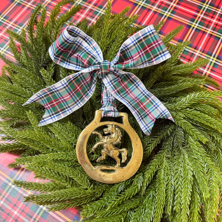 English Horse Brass Medallion Ornament with Stewart Tartan Bow - Rearing Horse