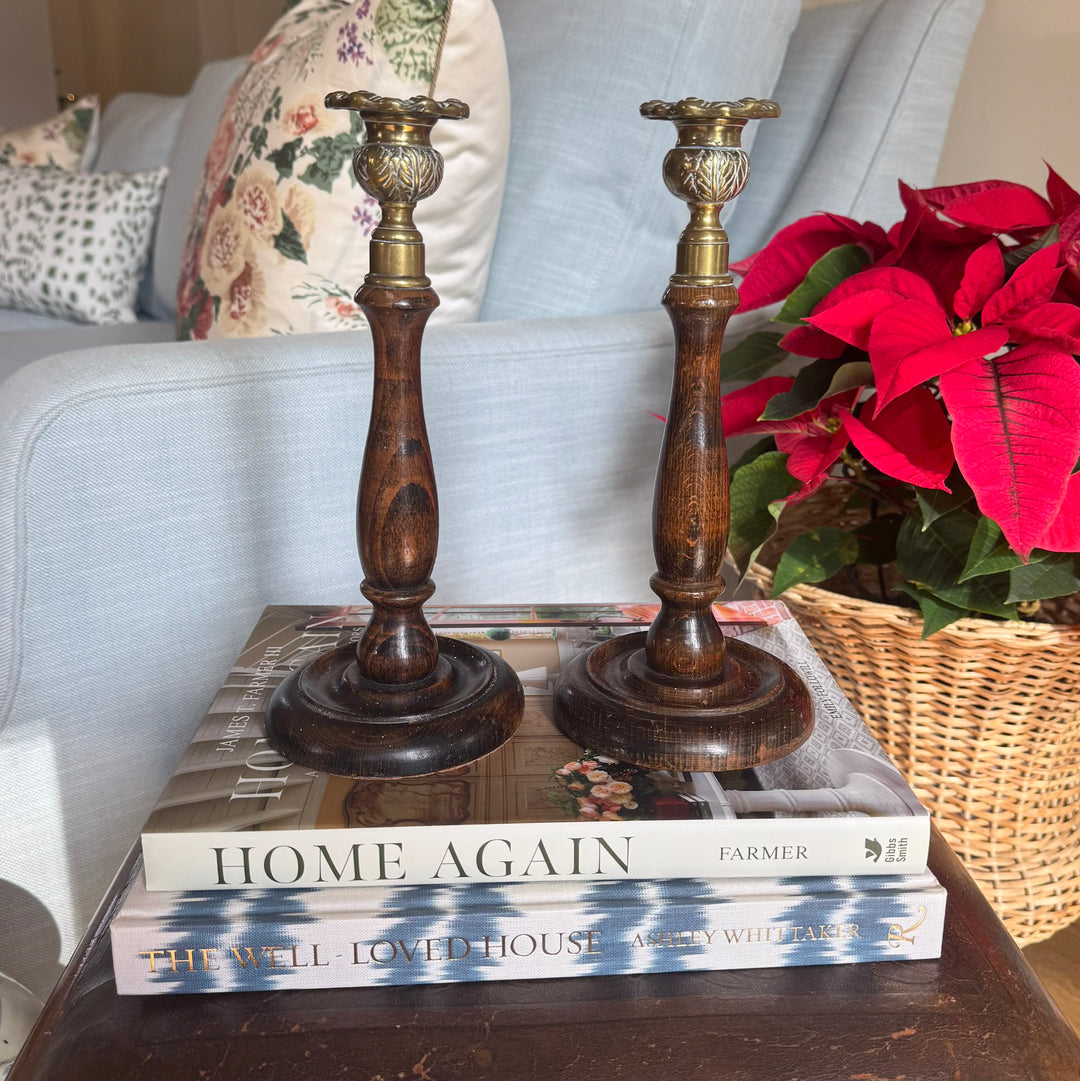 Pair of Antique English Oak and Brass Candlesticks