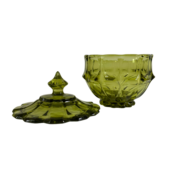 Vintage Green Glass Lidded Candy Dish
