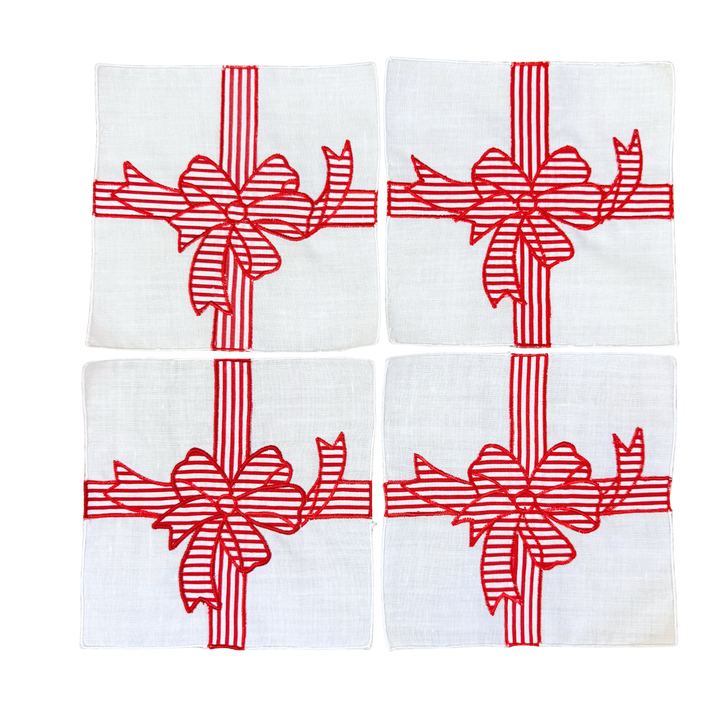 Vintage Christmas Red Striped Bow Cocktail Napkins