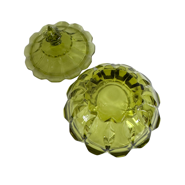 Vintage Green Glass Lidded Candy Dish