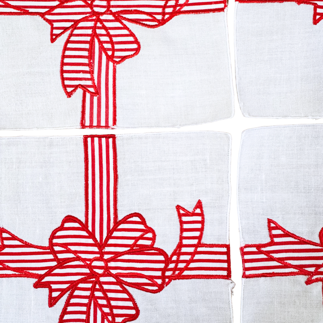 Vintage Christmas Red Striped Bow Cocktail Napkins