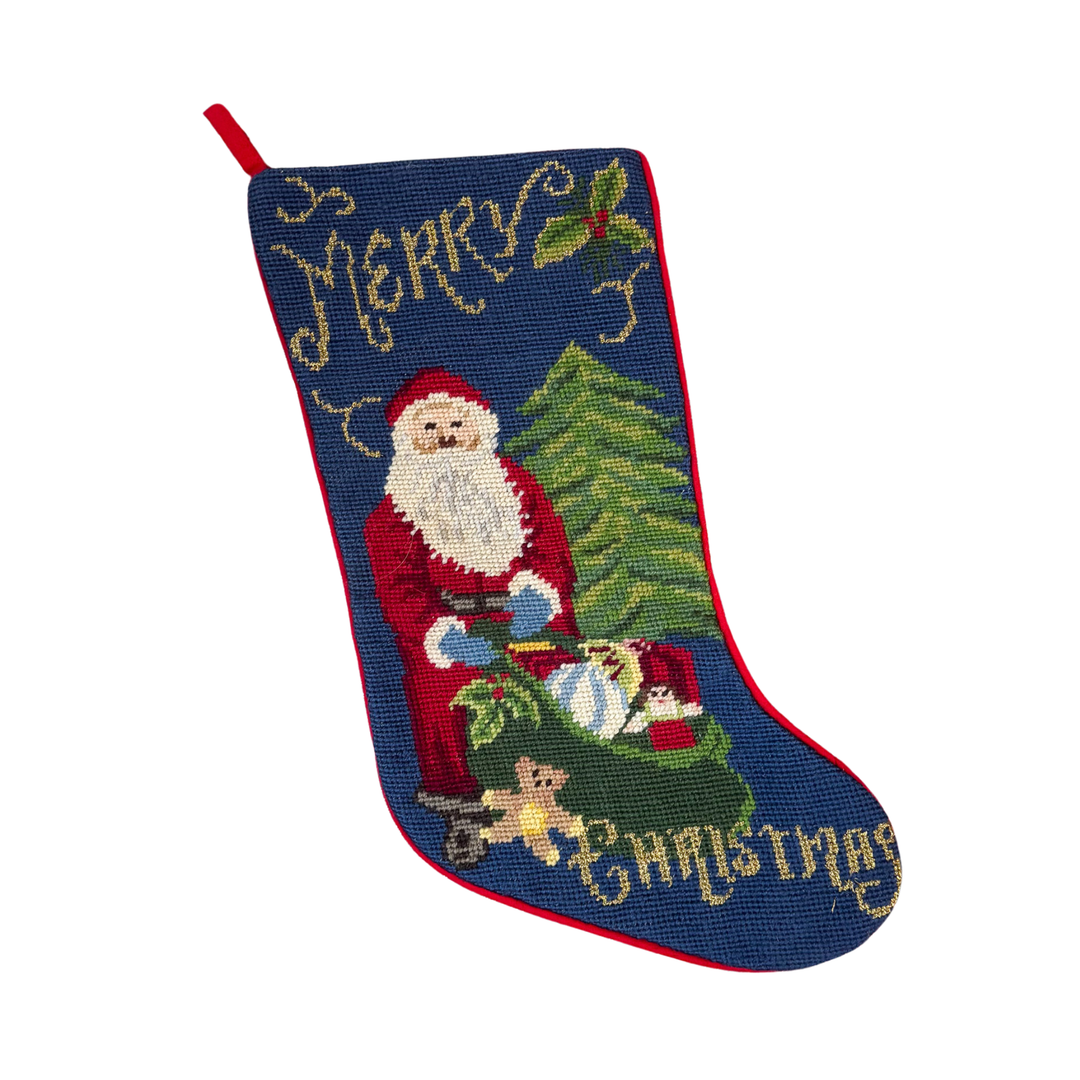 Vintage Merry Christmas Santa and Tree Needlepoint Stocking
