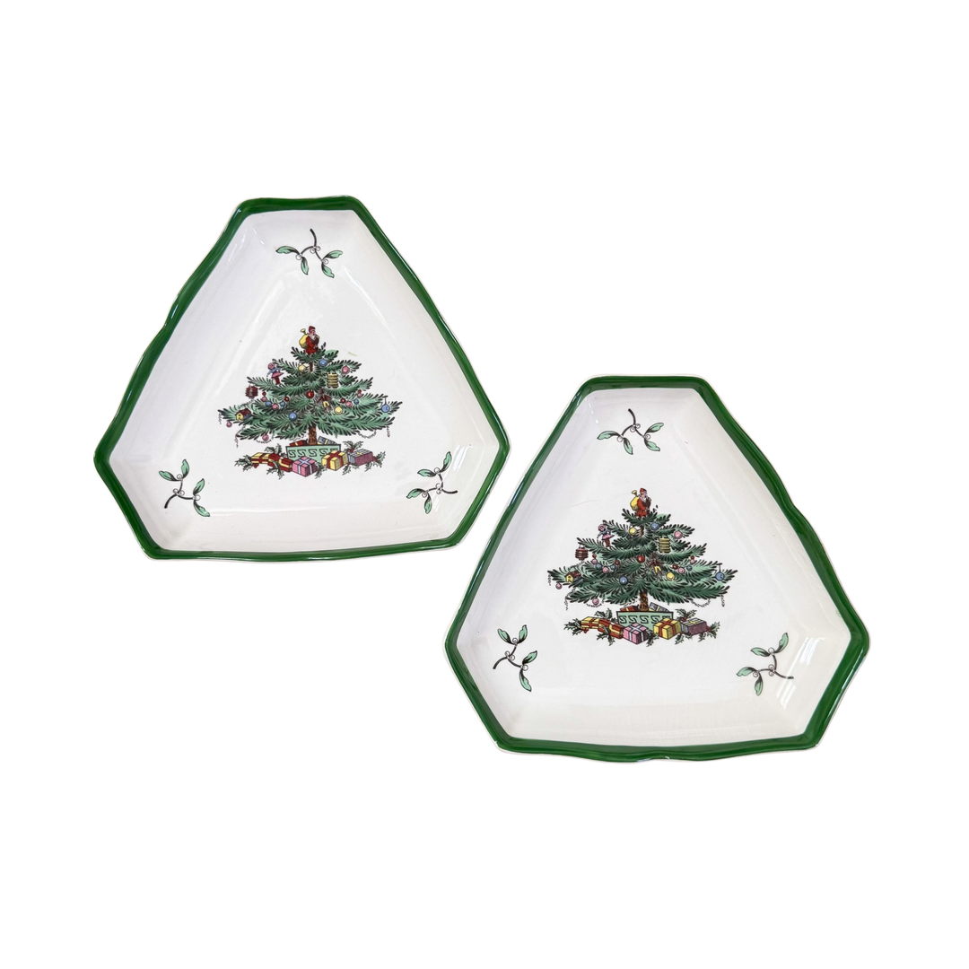 Vintage Pair of Spode Christmas Tree Triangular Plates