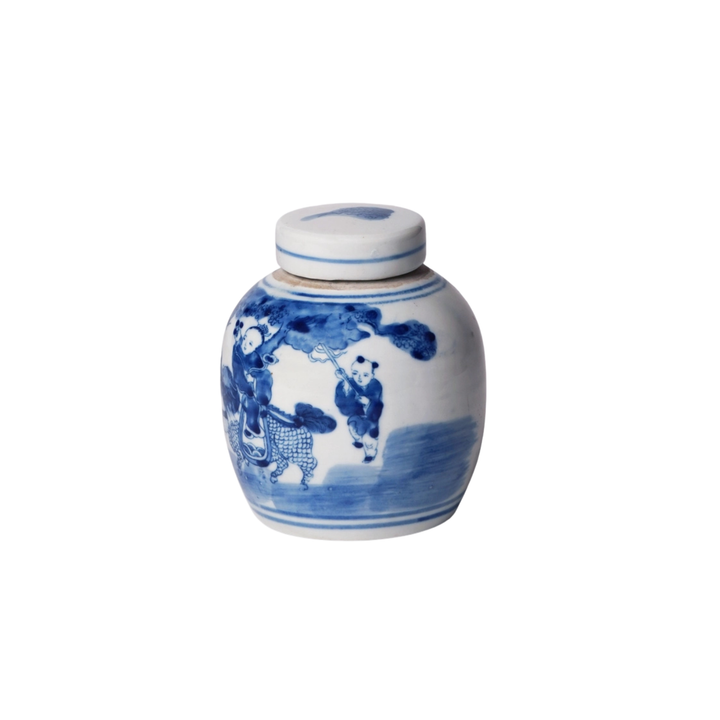 Mini Blue and White Children Playing Ginger Jar