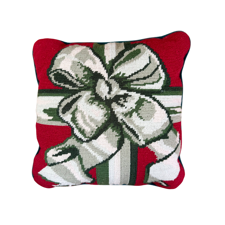 Vintage Bow Christmas Needlepoint Pillow