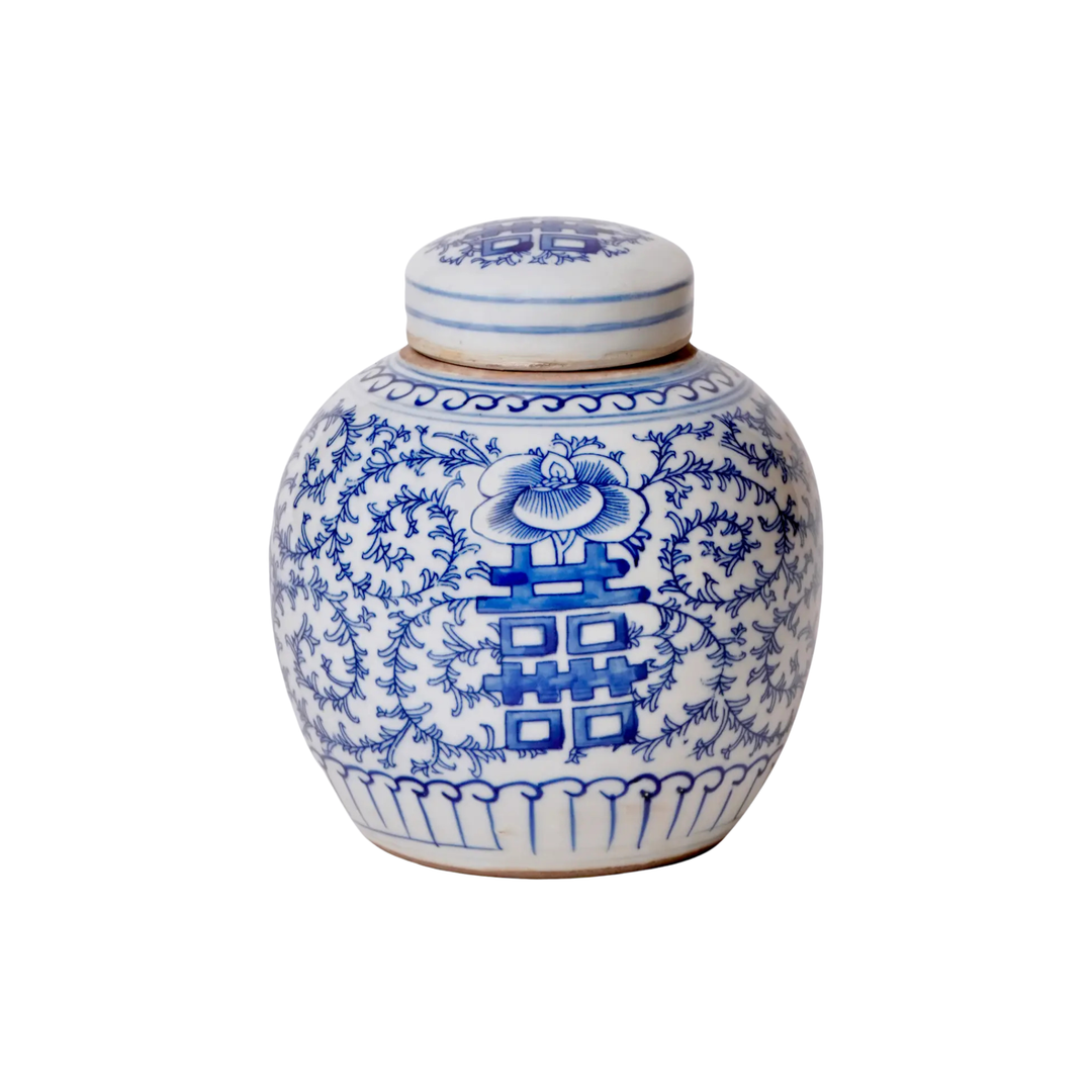 Blue and White Scrolling Peony Happiness Jar