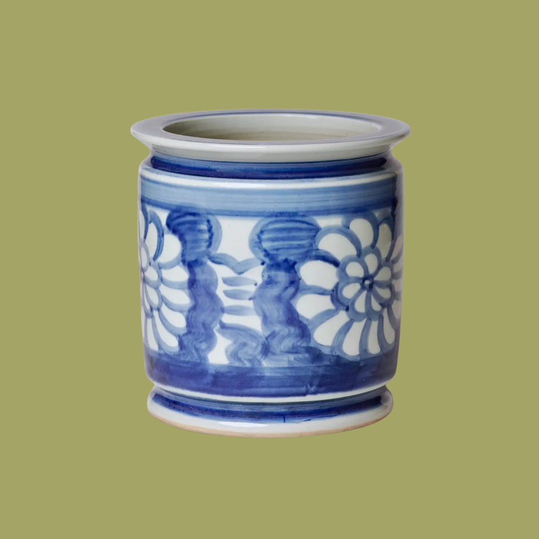 Hand Painted Floral Blue and White Porcelain Cachepot