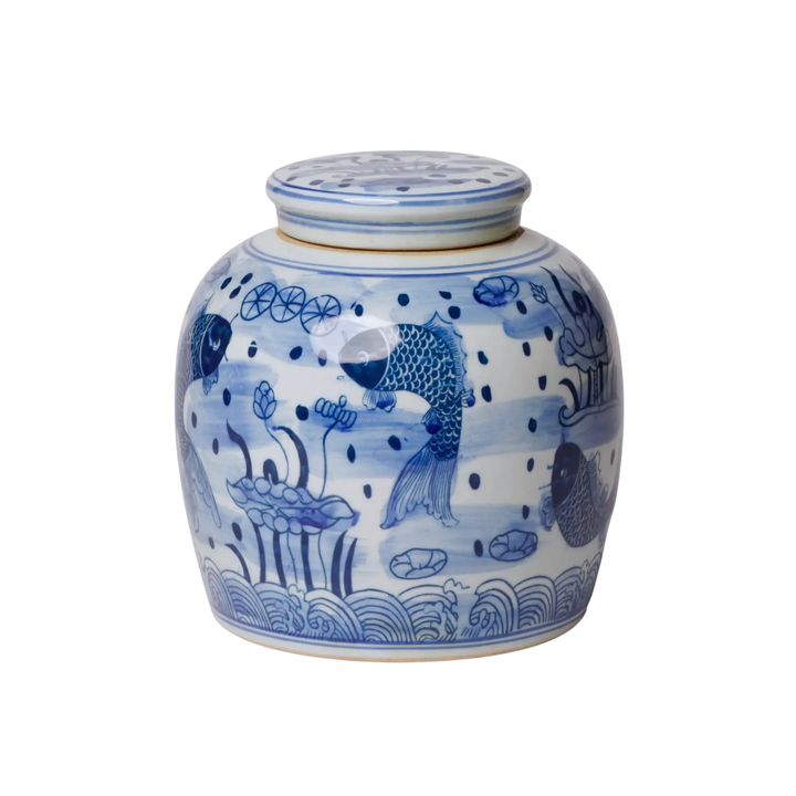 Blue and White Fish and Lotus Ginger Jar