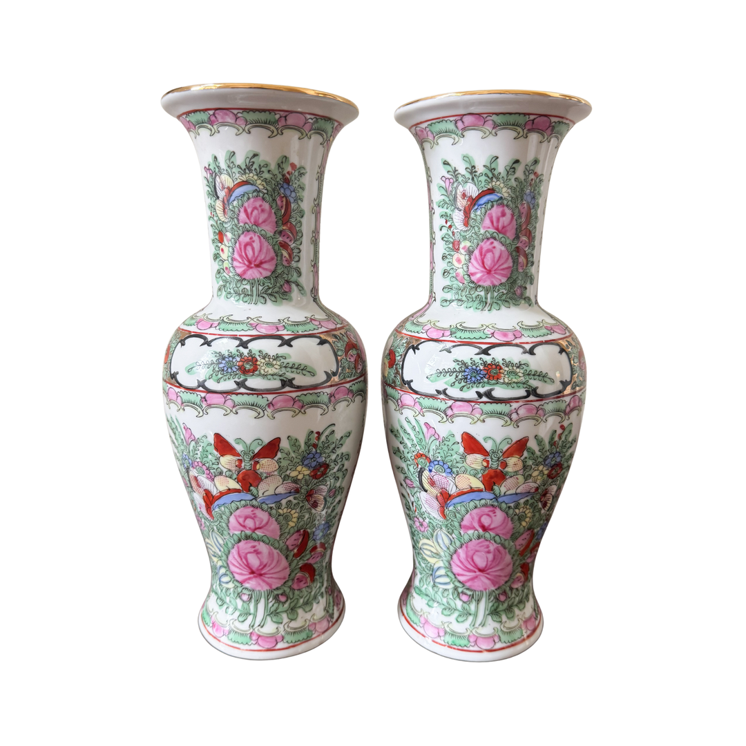 Pair of Vintage Rose Canton Vases