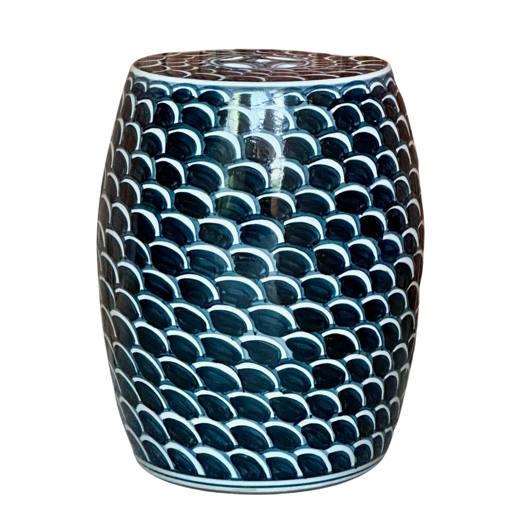Dark Blue and White Scalloped Garden Stool