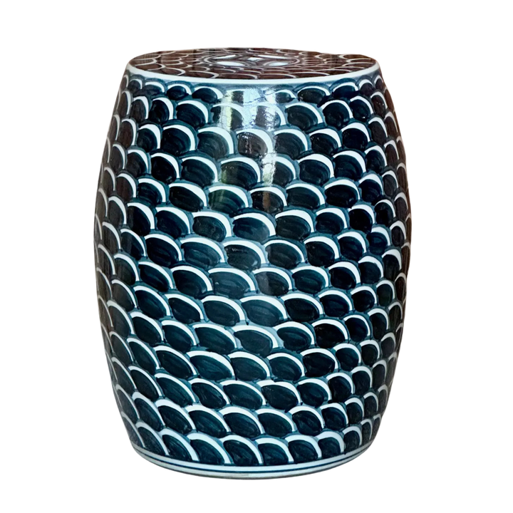 Dark Blue and White Scalloped Garden Stool