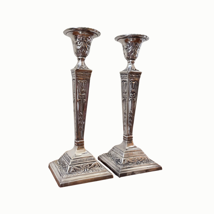 Silver-Plate Candlesticks with Bows and Swags