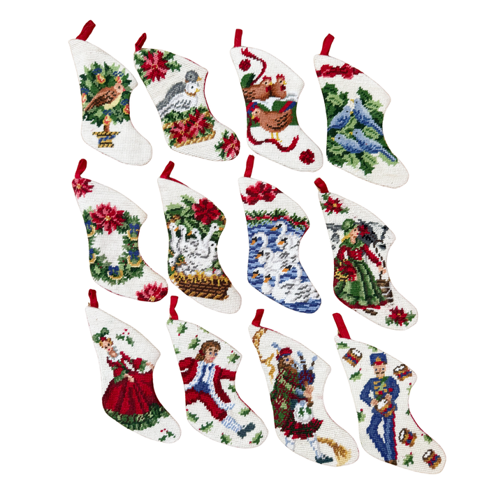 Vintage Twelve Days of Christmas Mini Needlepoint Stocking Set