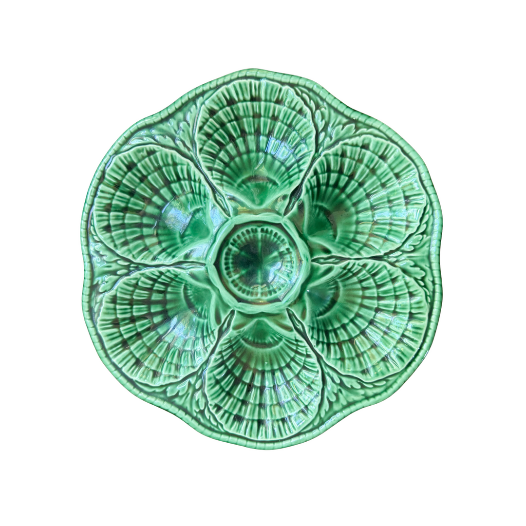Vintage French Sarreguemines Green Majolica Oyster Plate
