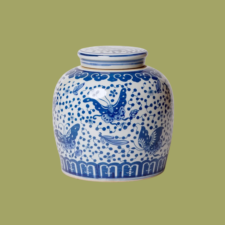 Blue and White Polka Dots Butterfly Ginger Jar