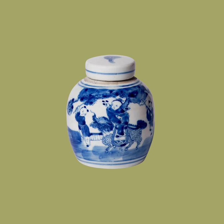 Mini Blue and White Children Playing Ginger Jar