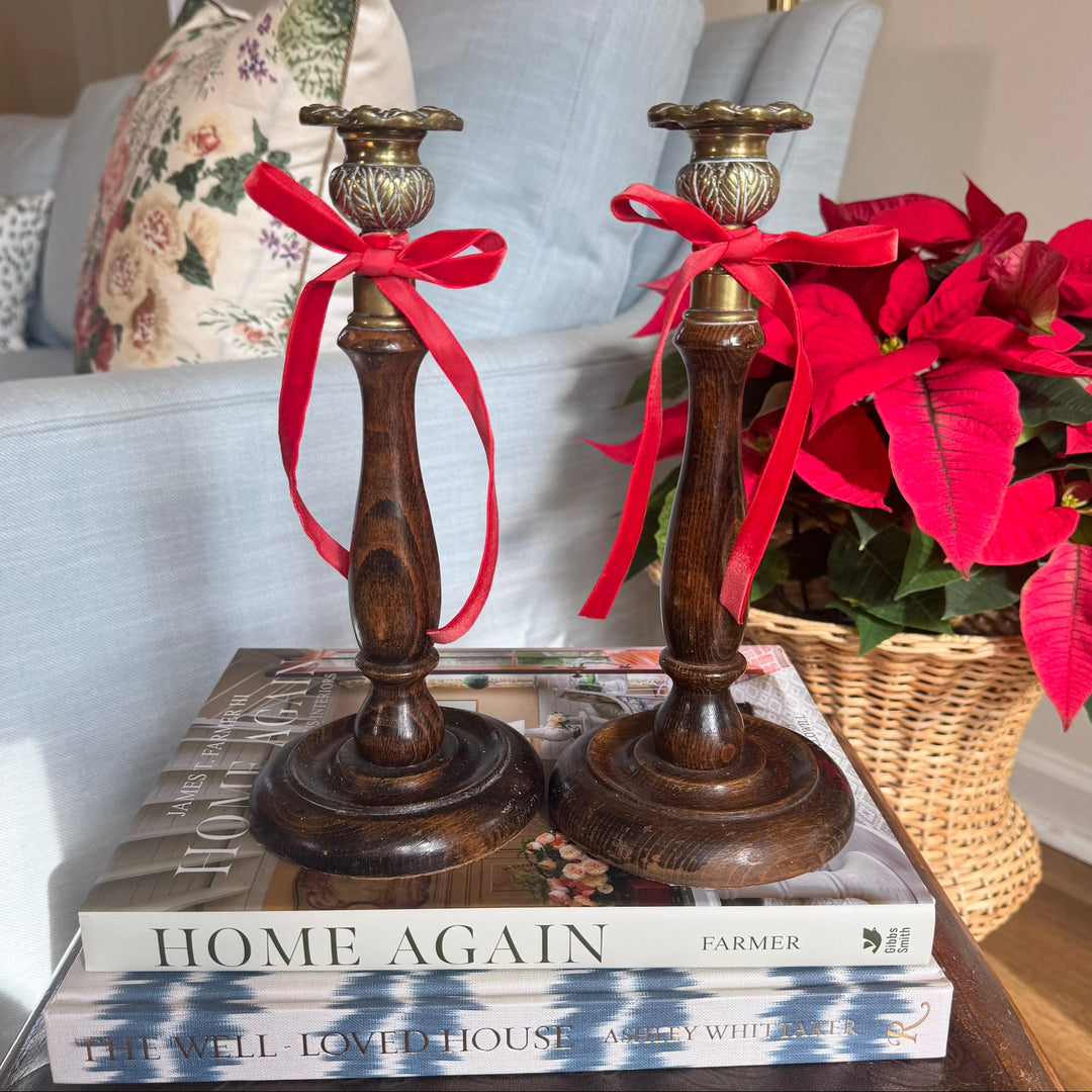Pair of Antique English Oak and Brass Candlesticks