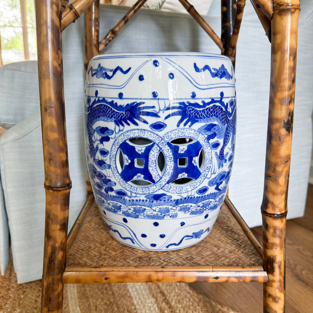 Petite Blue and White Chinoiserie Dragon Garden Stool