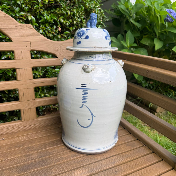 Large Classic Blue and White Floral and Bird Temple Jar