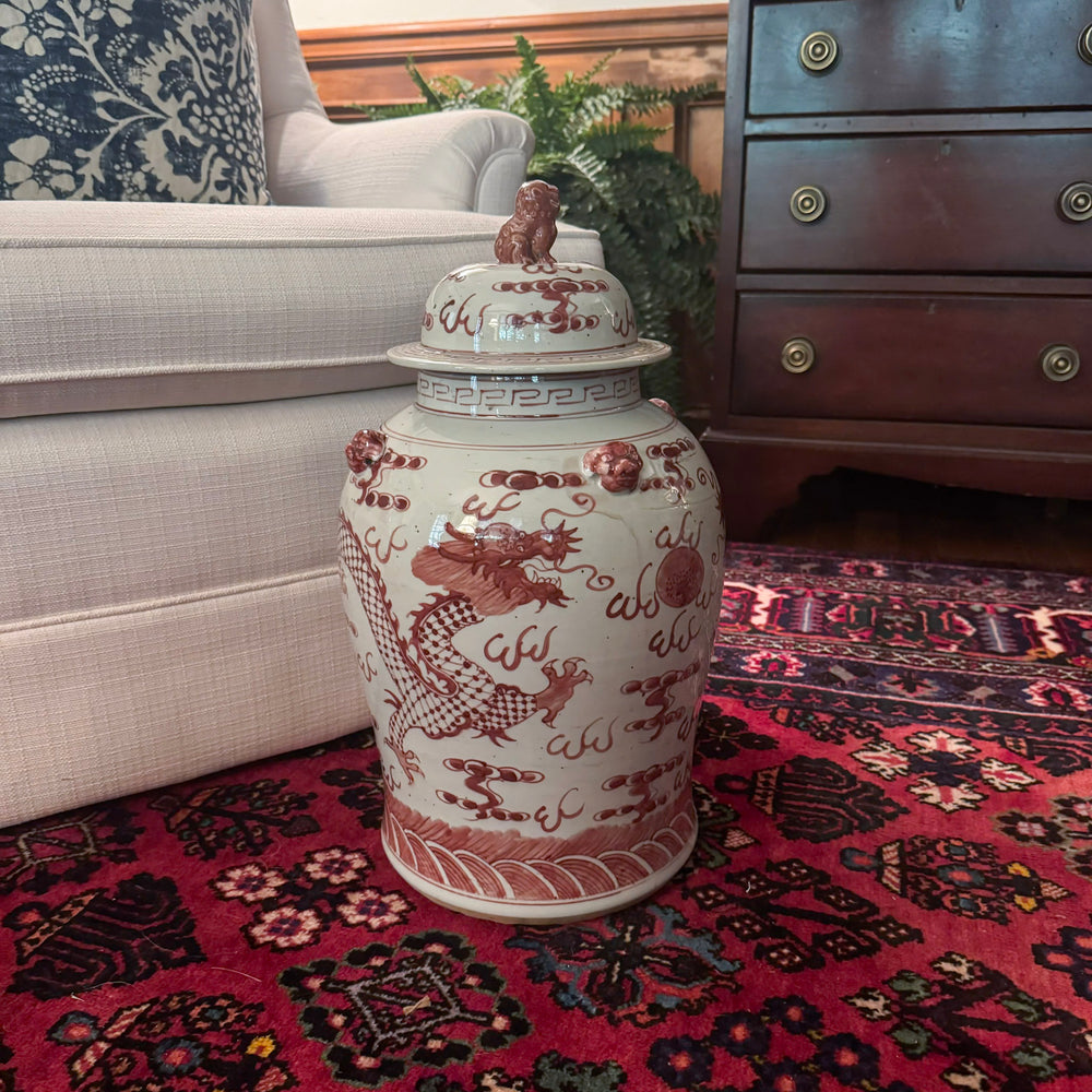 Red and White Dragon Motif Temple Jar