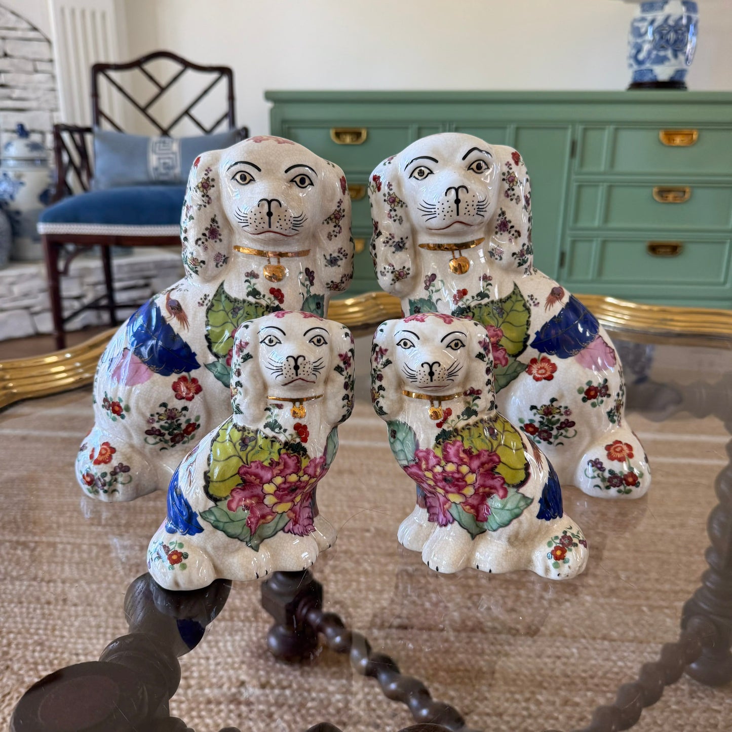 Pair of Large Tobacco Leaf Staffordshire-Style Dog Figurines
