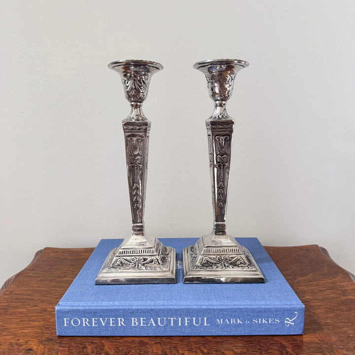 Silver-Plate Candlesticks with Bows and Swags