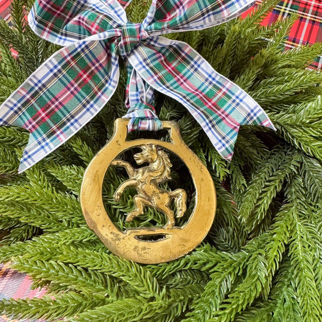 English Horse Brass Medallion Ornament with Stewart Tartan Bow - Rearing Horse
