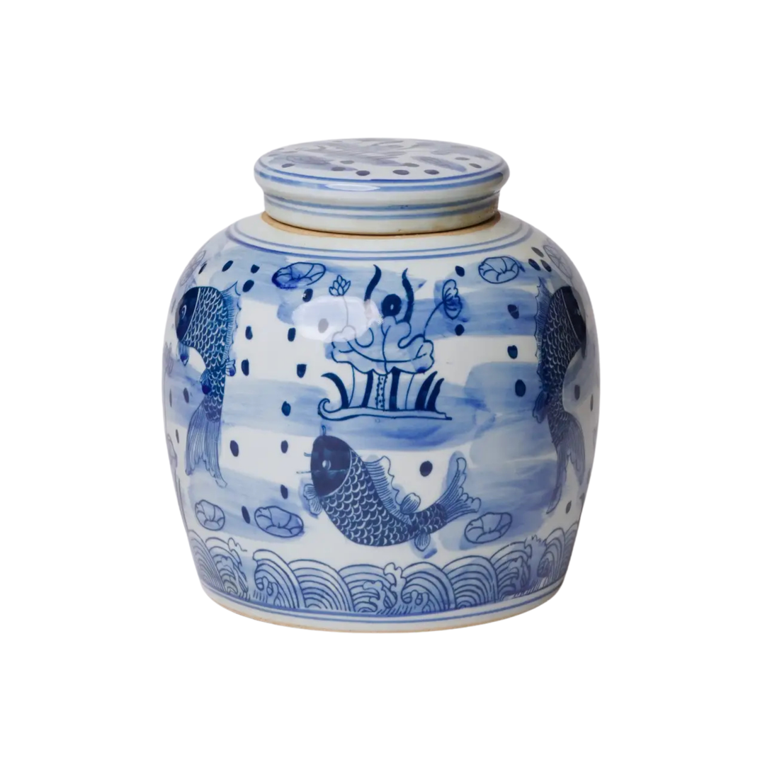 Blue and White Fish and Lotus Ginger Jar