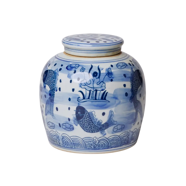 Blue and White Fish and Lotus Ginger Jar