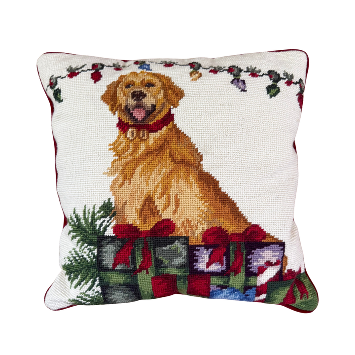 Vintage Golden Retriever Christmas Needlepoint Pillow