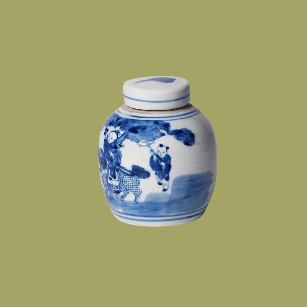 Mini Blue and White Children Playing Ginger Jar