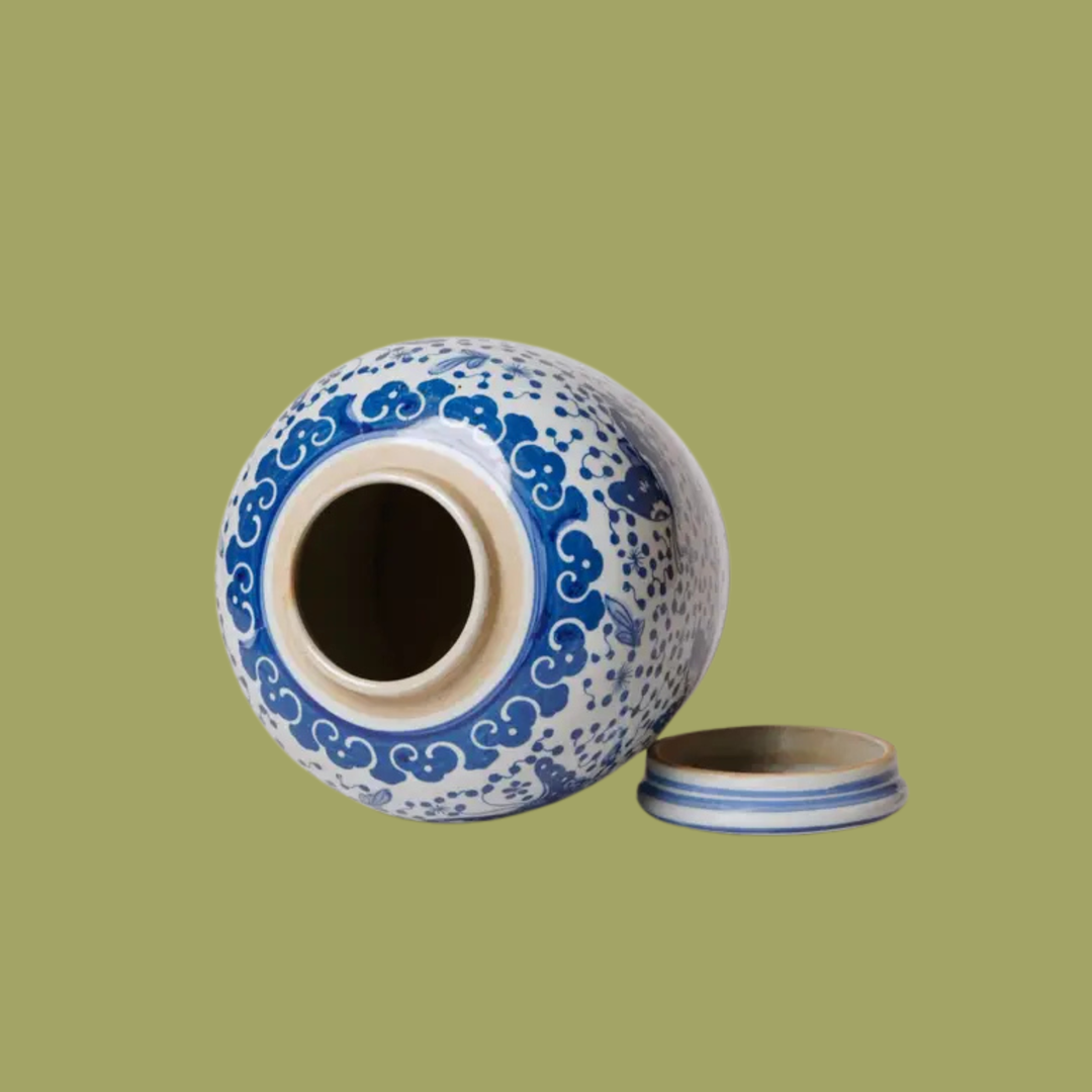 Blue and White Polka Dots Butterfly Ginger Jar