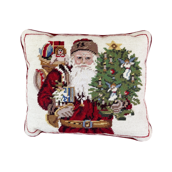 Vintage Santa and Christmas Tree Needlepoint Pillow