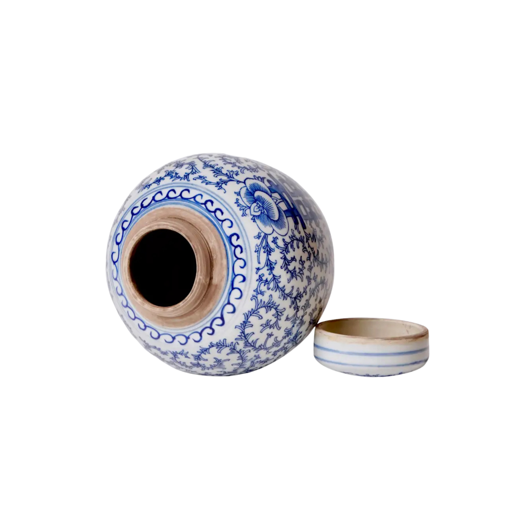 Blue and White Scrolling Peony Happiness Jar