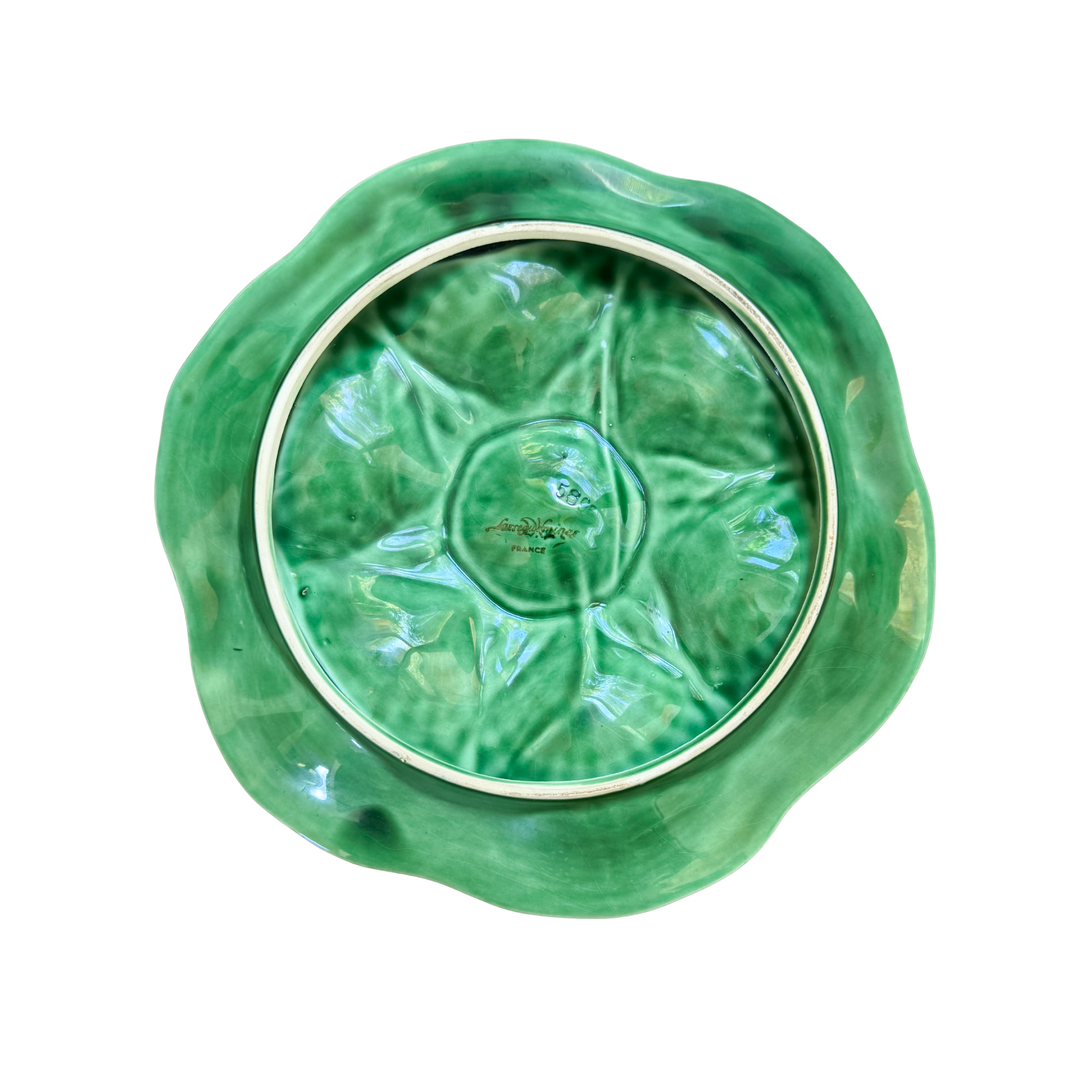Vintage French Sarreguemines Green Majolica Oyster Plate