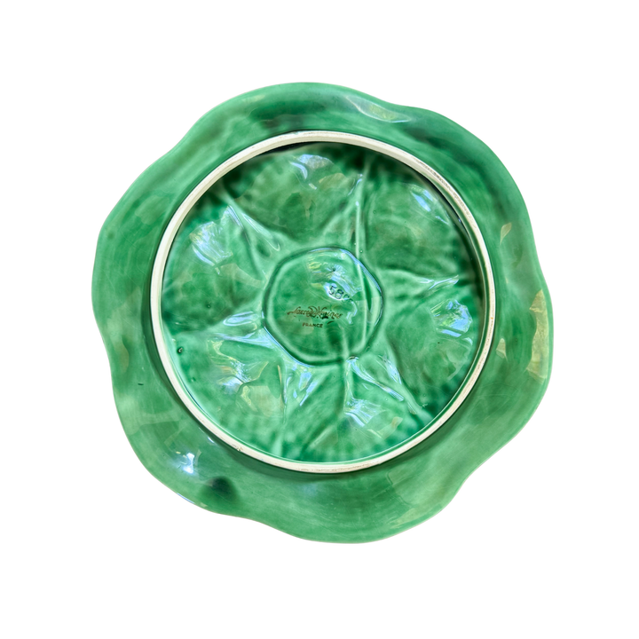 Vintage French Sarreguemines Green Majolica Oyster Plate