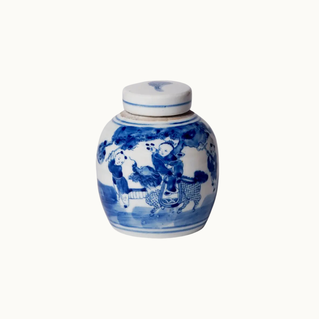 Mini Blue and White Children Playing Ginger Jar