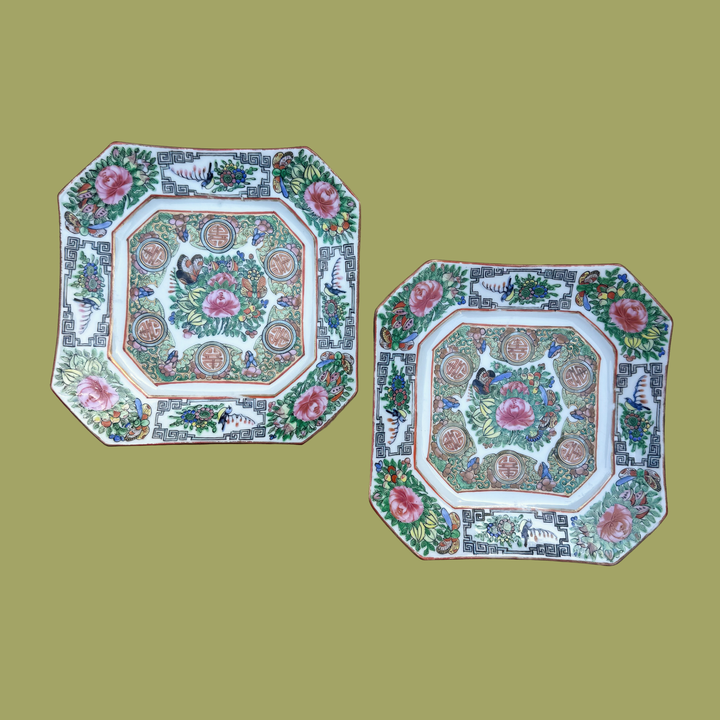 Pair of Square Rose Canton Plates