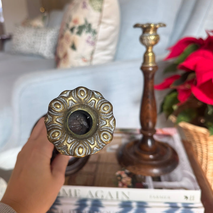 Pair of Antique English Oak and Brass Candlesticks