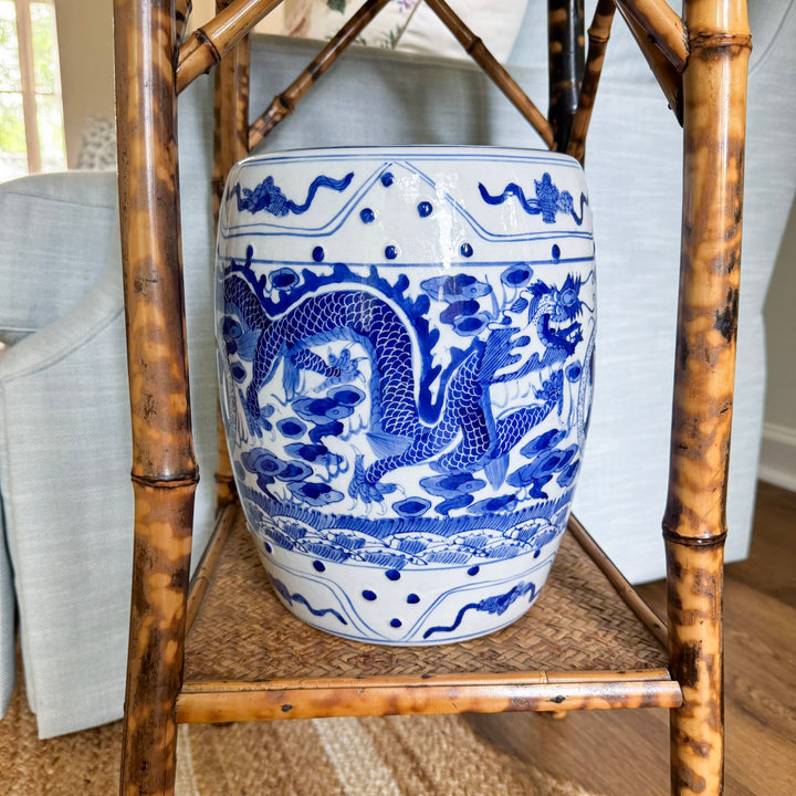 Petite Blue and White Chinoiserie Dragon Garden Stool