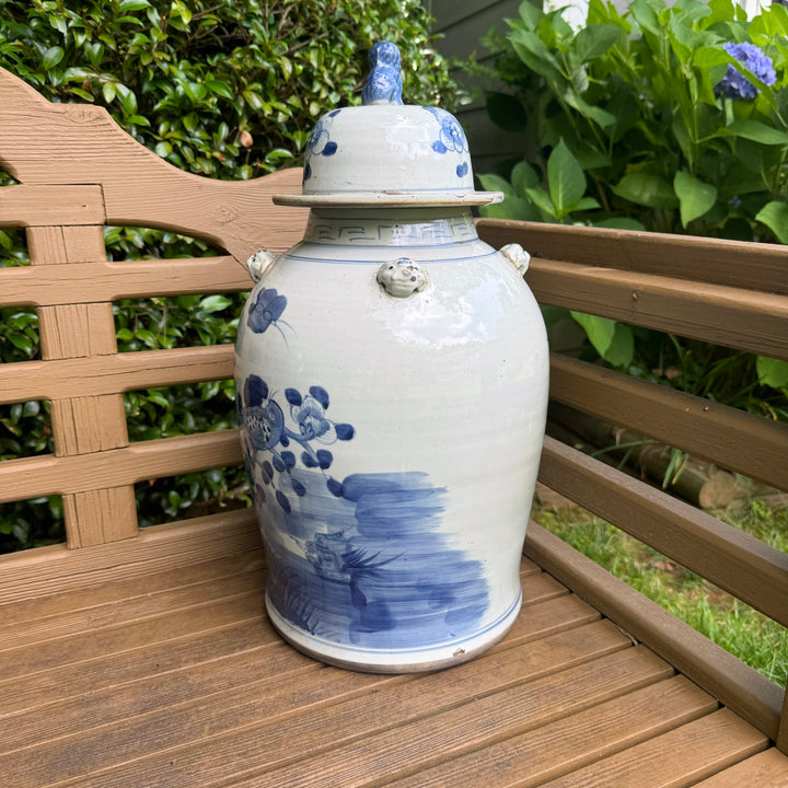 Large Classic Blue and White Floral and Bird Temple Jar