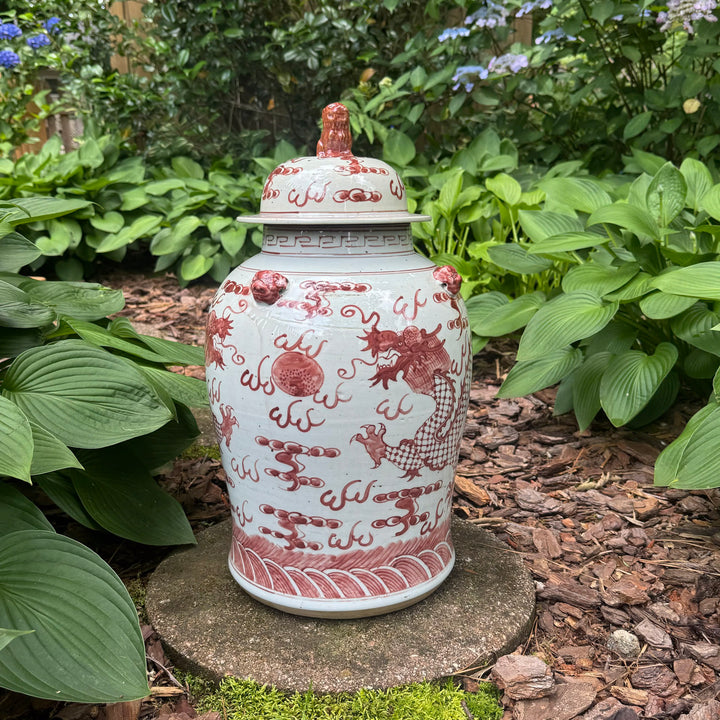 Red and White Dragon Motif Temple Jar