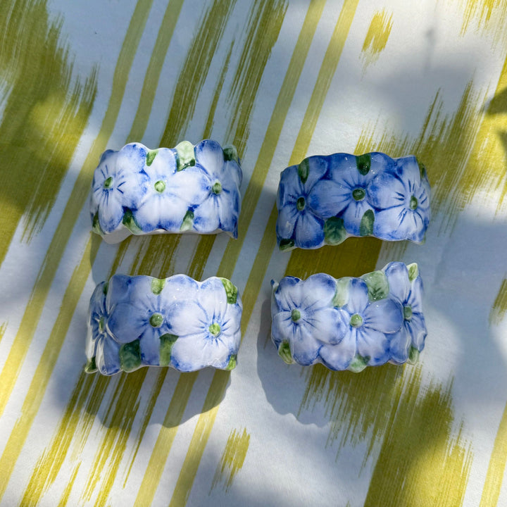Set of Four Vintage Blue Hydrangea Napkin Ring Holders