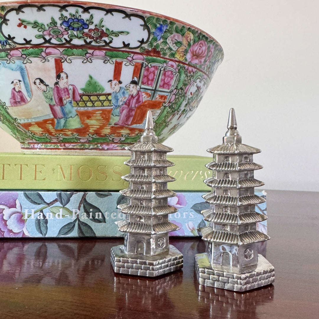 Pair of Vintage Godinger Silverplate Chinoiserie Pagoda Salt and Pepper Shakers