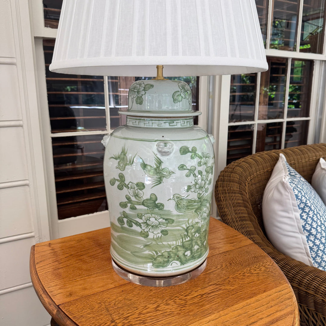 Green and White Floral Temple Jar Lamp